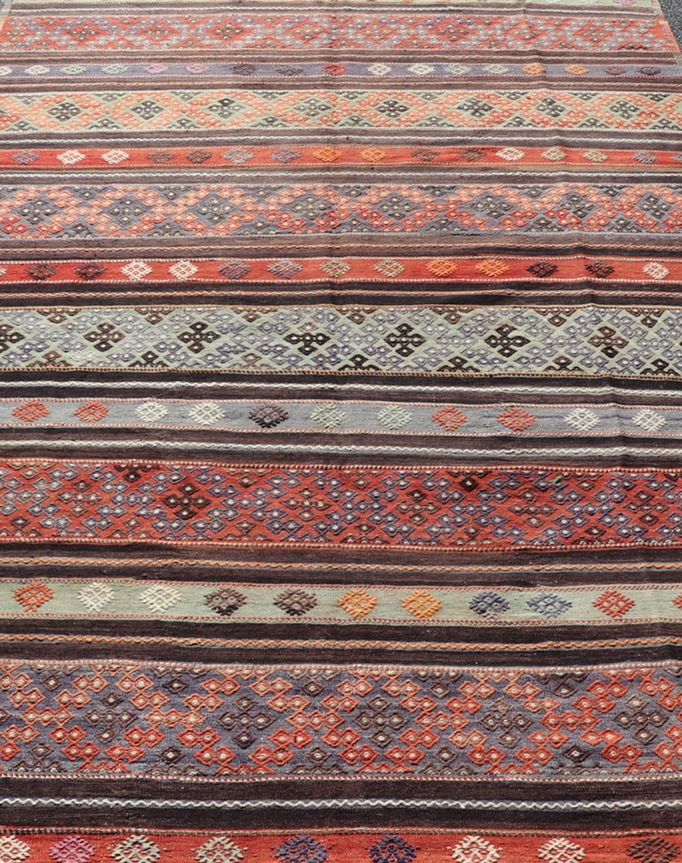 Measures: 6'0 x 10'8 Vintage Turkish Embroidered Large Gallery Kilim Rug with Stripe Design. Keivan Woven Arts / rug TU - NED - 5027, country of origin / type: Turkey / Kilim, circa Mid - 20th Century. Woven during the mid - 20th century in Turkey, this... - Keivan Woven ArtsTU - NED - 5027 - 22303Rug