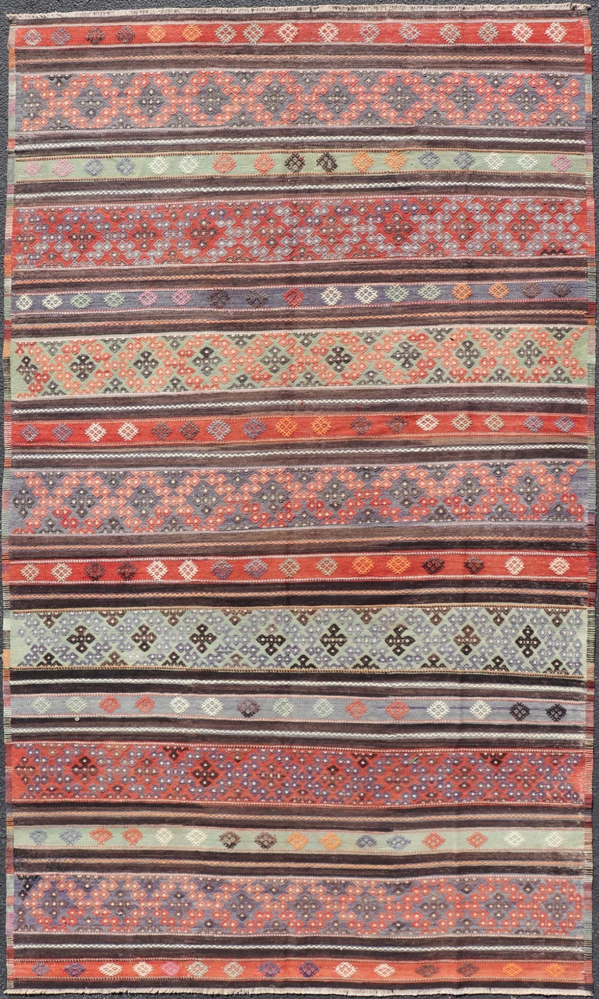 Measures: 6'0 x 10'8 Vintage Turkish Embroidered Large Gallery Kilim Rug with Stripe Design. Keivan Woven Arts / rug TU - NED - 5027, country of origin / type: Turkey / Kilim, circa Mid - 20th Century. Woven during the mid - 20th century in Turkey, this... - Keivan Woven ArtsTU - NED - 5027 - 22303Rug