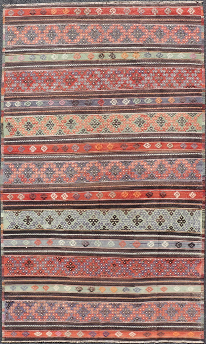 Measures: 6'0 x 10'8 Vintage Turkish Embroidered Large Gallery Kilim Rug with Stripe Design. Keivan Woven Arts / rug TU - NED - 5027, country of origin / type: Turkey / Kilim, circa Mid - 20th Century. Woven during the mid - 20th century in Turkey, this... - Keivan Woven ArtsTU - NED - 5027 - 22303Rug