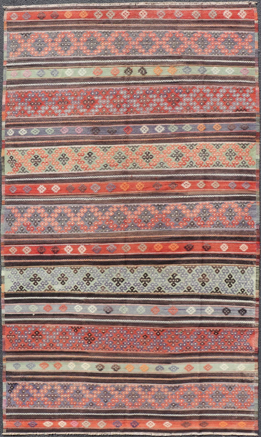 Measures: 6'0 x 10'8 Vintage Turkish Embroidered Large Gallery Kilim Rug with Stripe Design. Keivan Woven Arts / rug TU - NED - 5027, country of origin / type: Turkey / Kilim, circa Mid - 20th Century. Woven during the mid - 20th century in Turkey, this... - Keivan Woven ArtsTU - NED - 5027 - 22303Rug