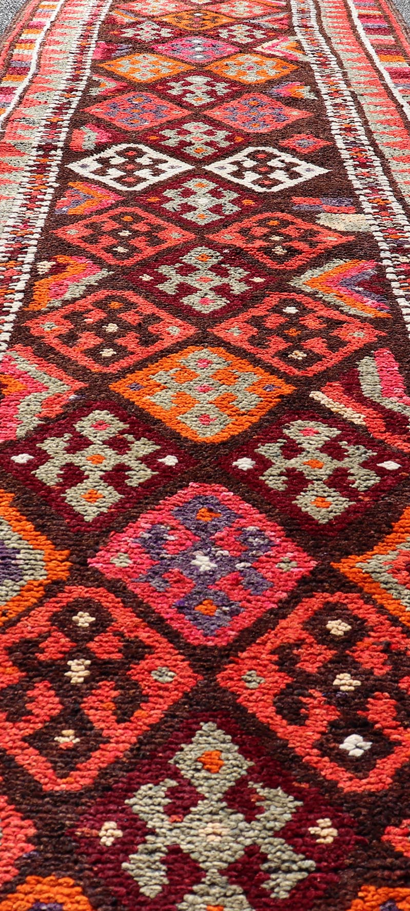 Measures: 2'11 x 13'3 Turkish Geometric Kurdish Design Vintage Runner With All - Over Tribal Design. Keivan Woven Arts / rug TU - NED - 5028, country of origin / type: Turkey / Turkish 1960's This runner from Turkey features an all over diamond design... - Keivan Woven ArtsTU - NED - 5028 - 22309Rug