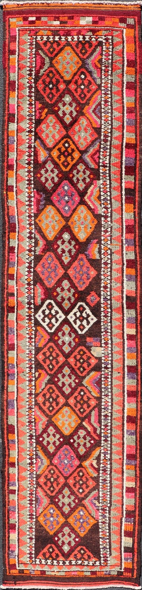 Measures: 2'11 x 13'3 Turkish Geometric Kurdish Design Vintage Runner With All - Over Tribal Design. Keivan Woven Arts / rug TU - NED - 5028, country of origin / type: Turkey / Turkish 1960's This runner from Turkey features an all over diamond design... - Keivan Woven ArtsTU - NED - 5028 - 22309Rug