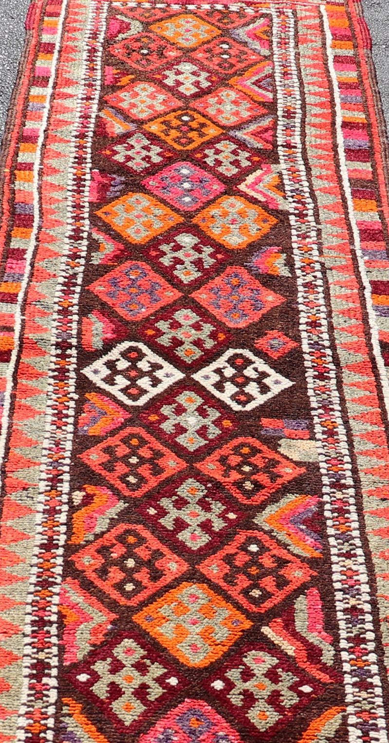 Measures: 2'11 x 13'3 Turkish Geometric Kurdish Design Vintage Runner With All - Over Tribal Design. Keivan Woven Arts / rug TU - NED - 5028, country of origin / type: Turkey / Turkish 1960's This runner from Turkey features an all over diamond design... - Keivan Woven ArtsTU - NED - 5028 - 22309Rug