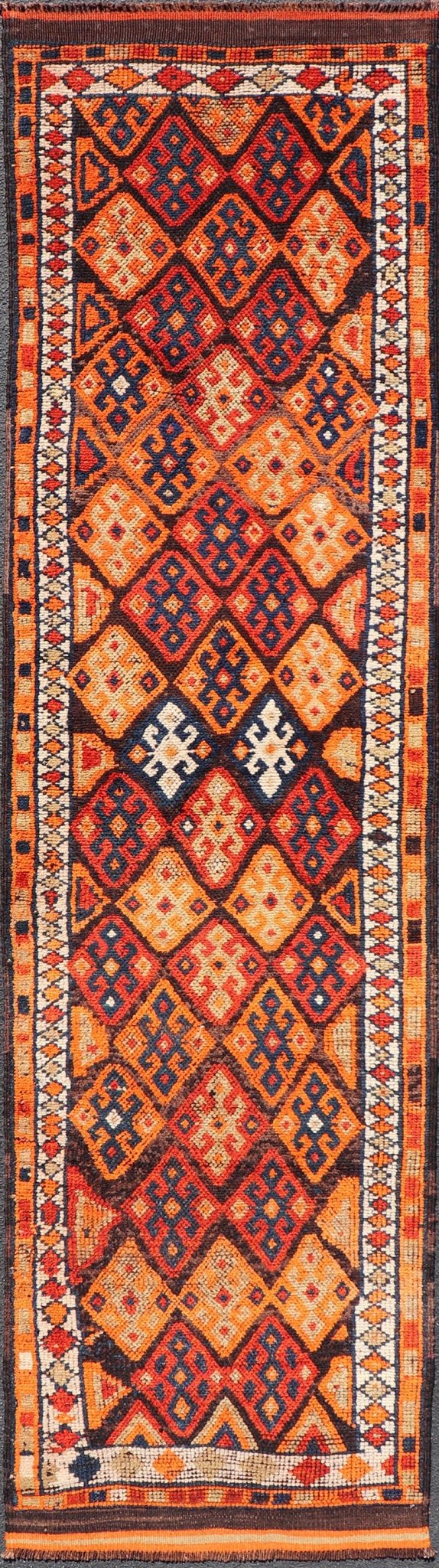 Measures: 3'0 x 11'5 Vintage Turkish Runner with All - Over Diamond Tribal Design in Multi - Colors. Keivan Woven Arts / TU - NED - 5029, country of origin / type: Turkey / Oushak, circa 1960. This beautiful vintage Oushak runner from 1960s features... - Keivan Woven ArtsTU - NED - 5029 - 22315Rug