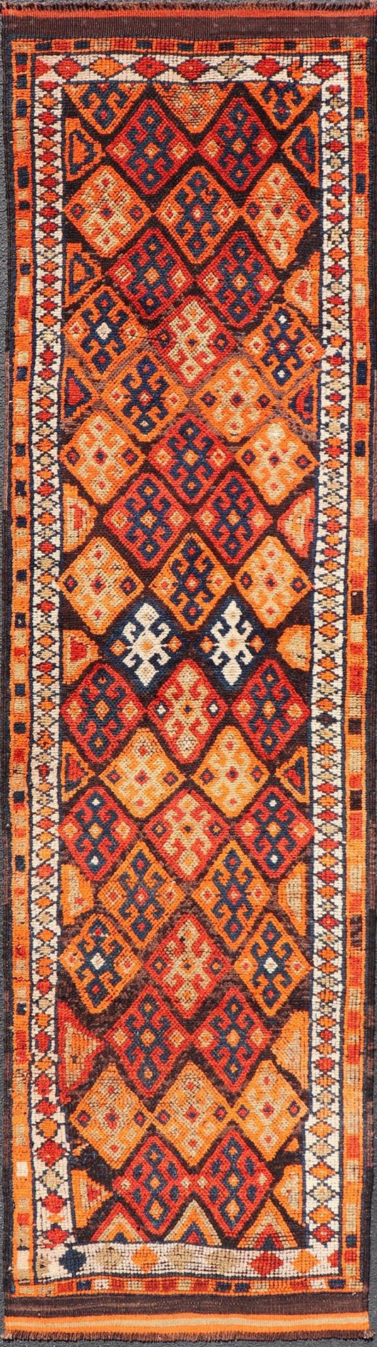Measures: 3'0 x 11'5 Vintage Turkish Runner with All - Over Diamond Tribal Design in Multi - Colors. Keivan Woven Arts / TU - NED - 5029, country of origin / type: Turkey / Oushak, circa 1960. This beautiful vintage Oushak runner from 1960s features... - Keivan Woven ArtsTU - NED - 5029 - 22315Rug