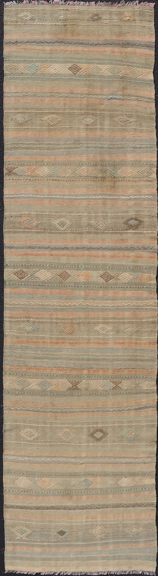 Measures: 2'8 x 10'9 Geometric Embroidered Vintage Turkish Flat - Weave Runner in Warm Tones. Keivan Woven Arts / rug TU - NED - 5031, country of origin / type: Turkey / Kilim, circa 1960 This Kilim rug from Turkey features a striped design of var... - Keivan Woven ArtsTU - NED - 5031 - 23078