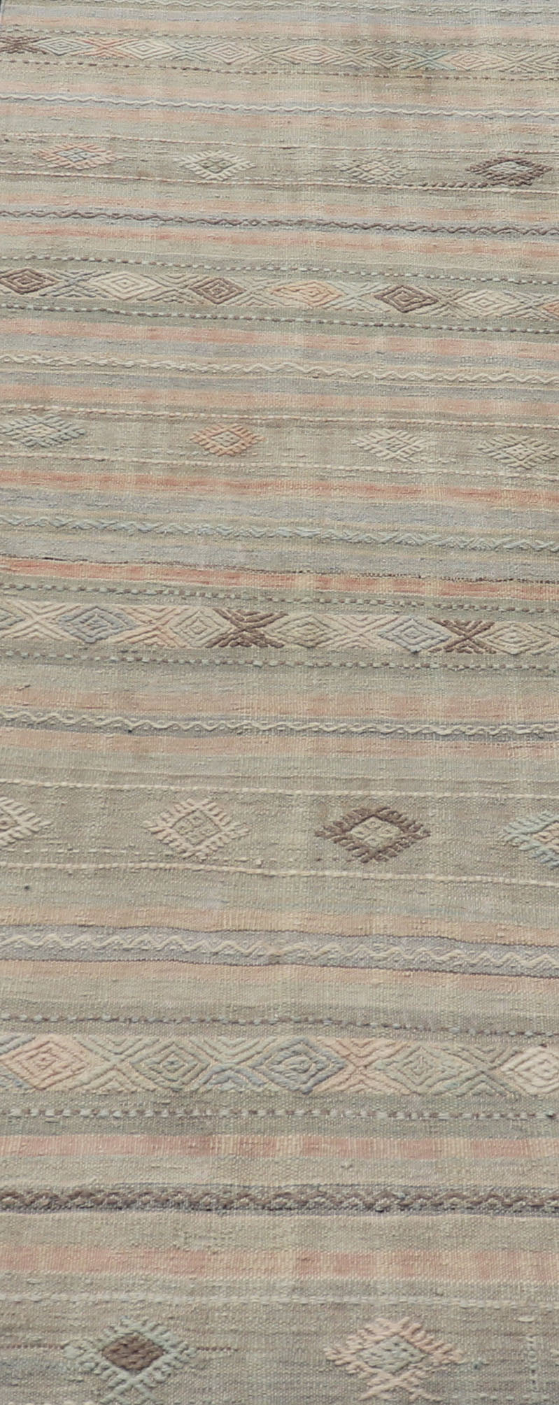 Measures: 2'8 x 10'9 Geometric Embroidered Vintage Turkish Flat - Weave Runner in Warm Tones. Keivan Woven Arts / rug TU - NED - 5031, country of origin / type: Turkey / Kilim, circa 1960 This Kilim rug from Turkey features a striped design of var... - Keivan Woven ArtsTU - NED - 5031 - 23078Rug