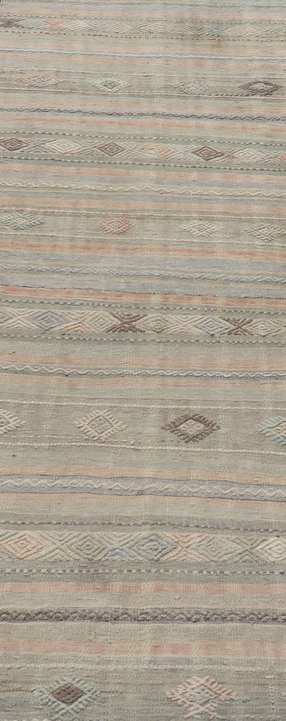 Measures: 2'8 x 10'9 Geometric Embroidered Vintage Turkish Flat - Weave Runner in Warm Tones. Keivan Woven Arts / rug TU - NED - 5031, country of origin / type: Turkey / Kilim, circa 1960 This Kilim rug from Turkey features a striped design of var... - Keivan Woven ArtsTU - NED - 5031 - 23078Rug
