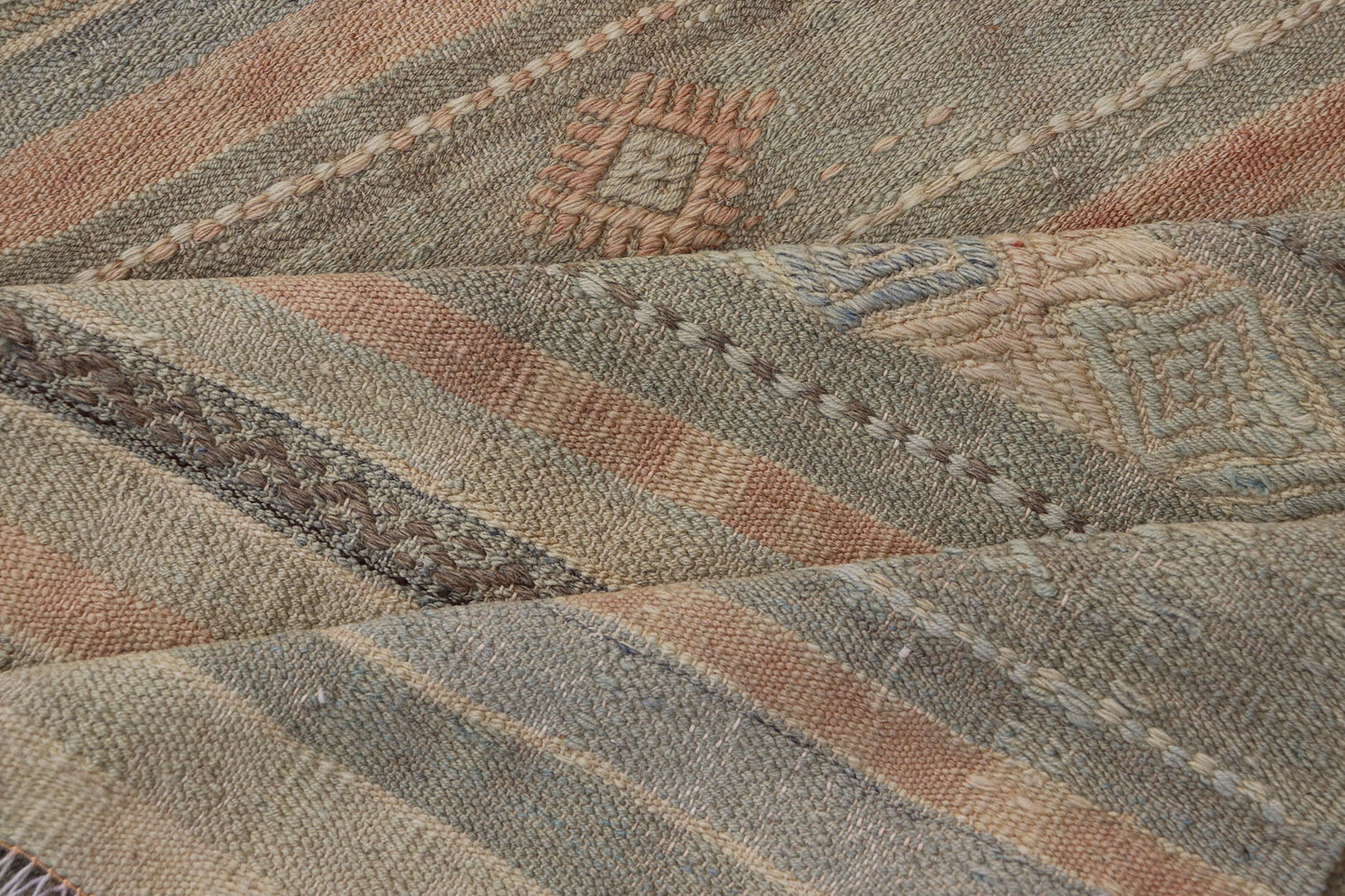 Measures: 2'8 x 10'9 Geometric Embroidered Vintage Turkish Flat - Weave Runner in Warm Tones. Keivan Woven Arts / rug TU - NED - 5031, country of origin / type: Turkey / Kilim, circa 1960 This Kilim rug from Turkey features a striped design of var... - Keivan Woven ArtsTU - NED - 5031 - 23078Rug