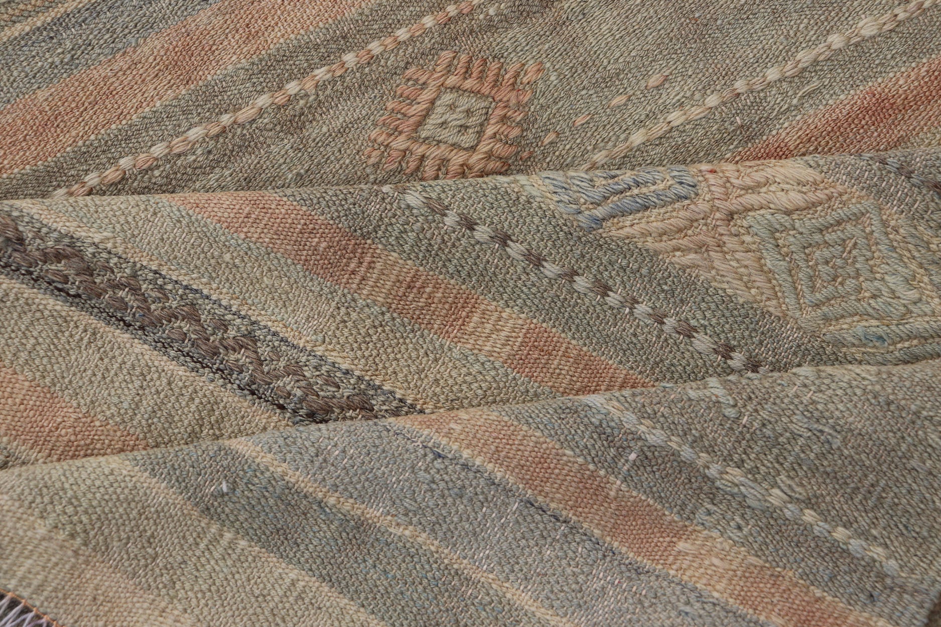 Measures: 2'8 x 10'9 Geometric Embroidered Vintage Turkish Flat - Weave Runner in Warm Tones. Keivan Woven Arts / rug TU - NED - 5031, country of origin / type: Turkey / Kilim, circa 1960 This Kilim rug from Turkey features a striped design of var... - Keivan Woven ArtsTU - NED - 5031 - 23078Rug