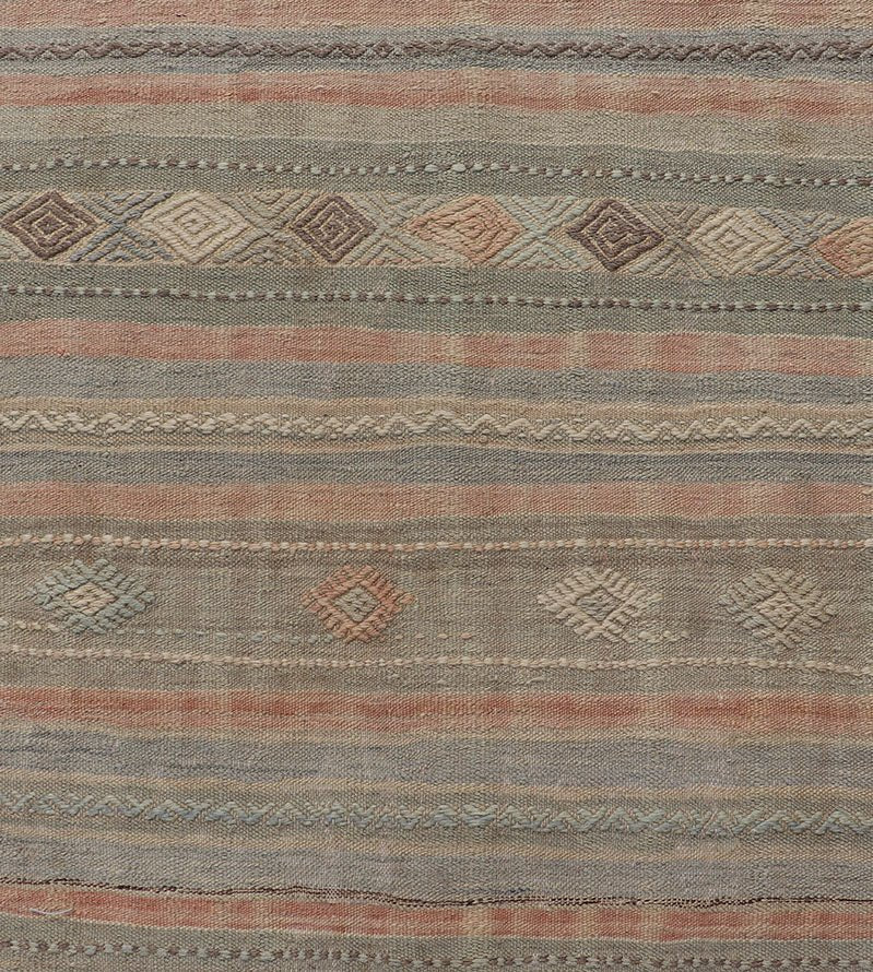 Measures: 2'8 x 10'9 Geometric Embroidered Vintage Turkish Flat - Weave Runner in Warm Tones. Keivan Woven Arts / rug TU - NED - 5031, country of origin / type: Turkey / Kilim, circa 1960 This Kilim rug from Turkey features a striped design of var... - Keivan Woven ArtsTU - NED - 5031 - 23078Rug