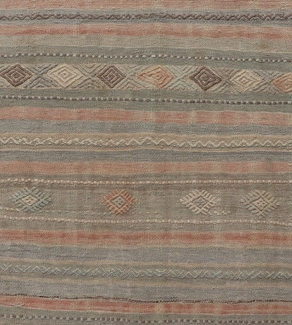 Measures: 2'8 x 10'9 Geometric Embroidered Vintage Turkish Flat - Weave Runner in Warm Tones. Keivan Woven Arts / rug TU - NED - 5031, country of origin / type: Turkey / Kilim, circa 1960 This Kilim rug from Turkey features a striped design of var... - Keivan Woven ArtsTU - NED - 5031 - 23078Rug