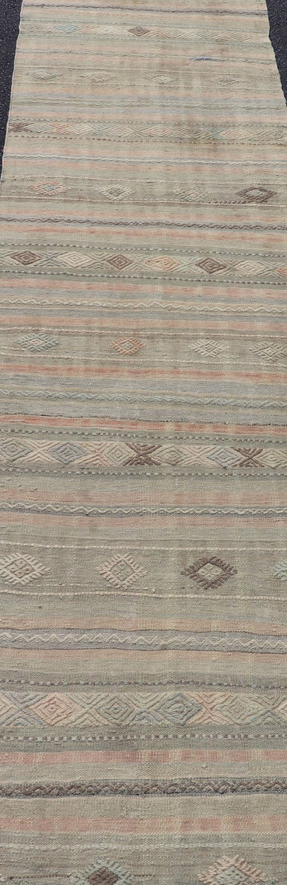 Measures: 2'8 x 10'9 Geometric Embroidered Vintage Turkish Flat - Weave Runner in Warm Tones. Keivan Woven Arts / rug TU - NED - 5031, country of origin / type: Turkey / Kilim, circa 1960 This Kilim rug from Turkey features a striped design of var... - Keivan Woven ArtsTU - NED - 5031 - 23078Rug