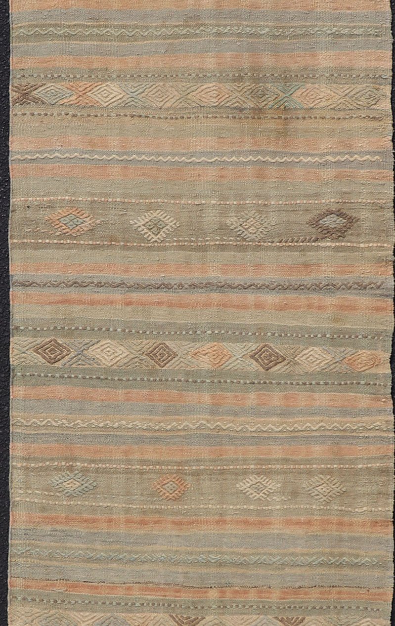 Measures: 2'8 x 10'9 Geometric Embroidered Vintage Turkish Flat - Weave Runner in Warm Tones. Keivan Woven Arts / rug TU - NED - 5031, country of origin / type: Turkey / Kilim, circa 1960 This Kilim rug from Turkey features a striped design of var... - Keivan Woven ArtsTU - NED - 5031 - 23078Rug