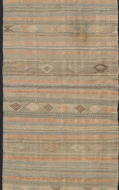 Measures: 2'8 x 10'9 Geometric Embroidered Vintage Turkish Flat - Weave Runner in Warm Tones. Keivan Woven Arts / rug TU - NED - 5031, country of origin / type: Turkey / Kilim, circa 1960 This Kilim rug from Turkey features a striped design of var... - Keivan Woven ArtsTU - NED - 5031 - 23078Rug