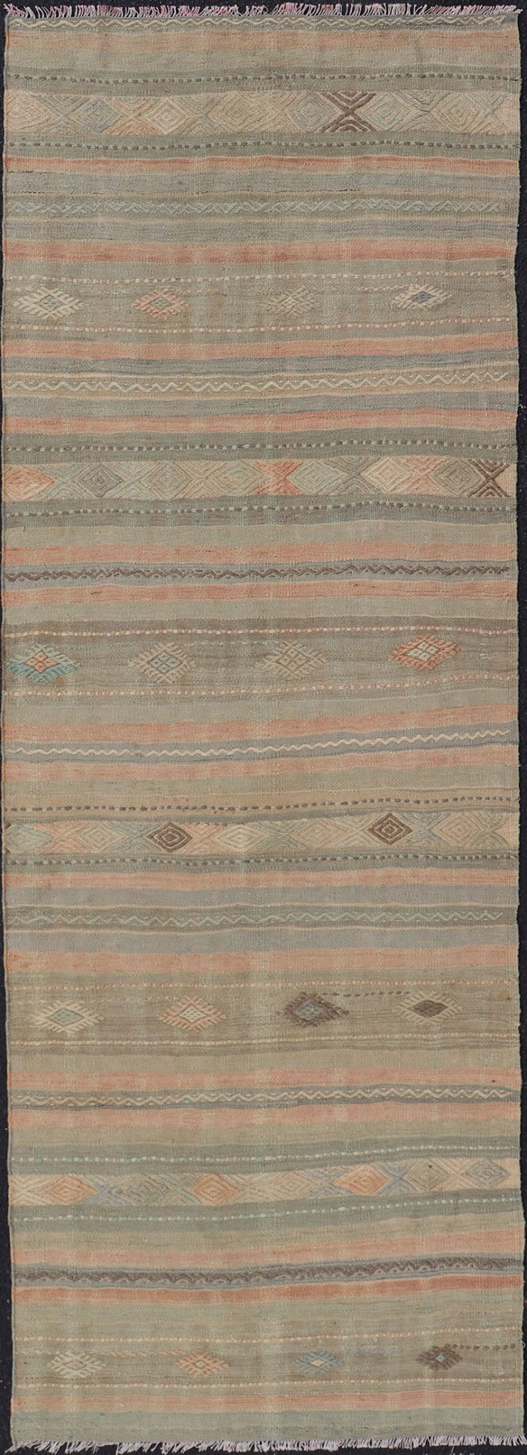 Measures: 2'9 x 7'11 Stripe Vintage Turkish Kilim Flat - Weave Runner With Geometric Tribal Design. Keivan Woven Arts / rug TU - NED - 5032, country of origin / type: Turkey / Kilim, circa 1960 This Kilim runner from Turkey features a striped design o... - Keivan Woven ArtsTU - NED - 5032 - 23084Rug