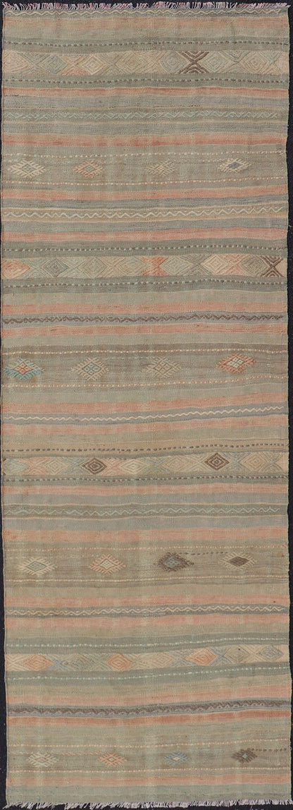 Measures: 2'9 x 7'11 Stripe Vintage Turkish Kilim Flat - Weave Runner With Geometric Tribal Design. Keivan Woven Arts / rug TU - NED - 5032, country of origin / type: Turkey / Kilim, circa 1960 This Kilim runner from Turkey features a striped design o... - Keivan Woven ArtsTU - NED - 5032 - 23084Rug
