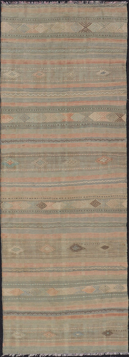 Measures: 2'9 x 7'11 Stripe Vintage Turkish Kilim Flat - Weave Runner With Geometric Tribal Design. Keivan Woven Arts / rug TU - NED - 5032, country of origin / type: Turkey / Kilim, circa 1960 This Kilim runner from Turkey features a striped design o... - Keivan Woven ArtsTU - NED - 5032 - 23084Rug