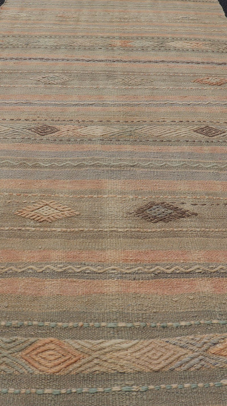Measures: 2'9 x 7'11 Stripe Vintage Turkish Kilim Flat - Weave Runner With Geometric Tribal Design. Keivan Woven Arts / rug TU - NED - 5032, country of origin / type: Turkey / Kilim, circa 1960 This Kilim runner from Turkey features a striped design o... - Keivan Woven ArtsTU - NED - 5032 - 23084Rug