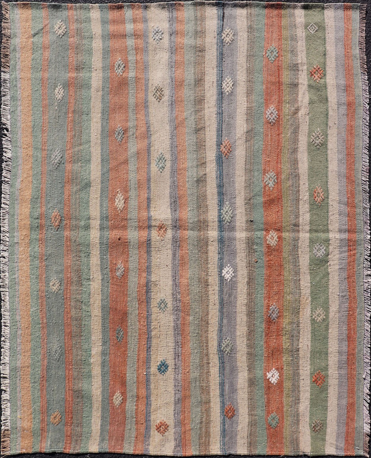 Measures: 3'4 x 4'7 Colorful Vintage Turkish Flat - Weave Kilim Rug with Geometric Striped Design. Keivan Woven Arts / rug TU - NED - 5033, country of origin / type: Turkey / Kilim, circa 1960. Woven during the mid - 20th century in Turkey, this des... - Keivan Woven ArtsTU - NED - 5033 - 23024Rug