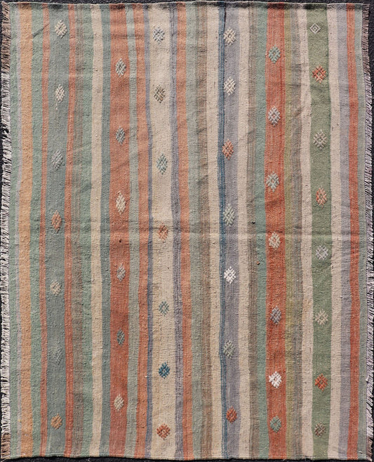 Measures: 3'4 x 4'7 Colorful Vintage Turkish Flat - Weave Kilim Rug with Geometric Striped Design. Keivan Woven Arts / rug TU - NED - 5033, country of origin / type: Turkey / Kilim, circa 1960. Woven during the mid - 20th century in Turkey, this des... - Keivan Woven ArtsTU - NED - 5033 - 23024Rug