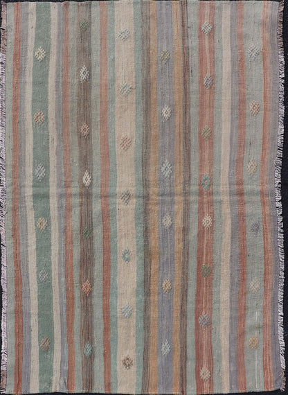 Measures: 3'1 x 4'8 Colorful Vintage Turkish Flat - Weave Kilim Rug with Geometric Striped Design. Keivan Woven Arts / rug TU - NED - 5034, country of origin / type: Turkey / Kilim, circa 1960. Woven during the mid - 20th century in Turkey, this designe... - Keivan Woven ArtsTU - NED - 5034 - 22920Rug