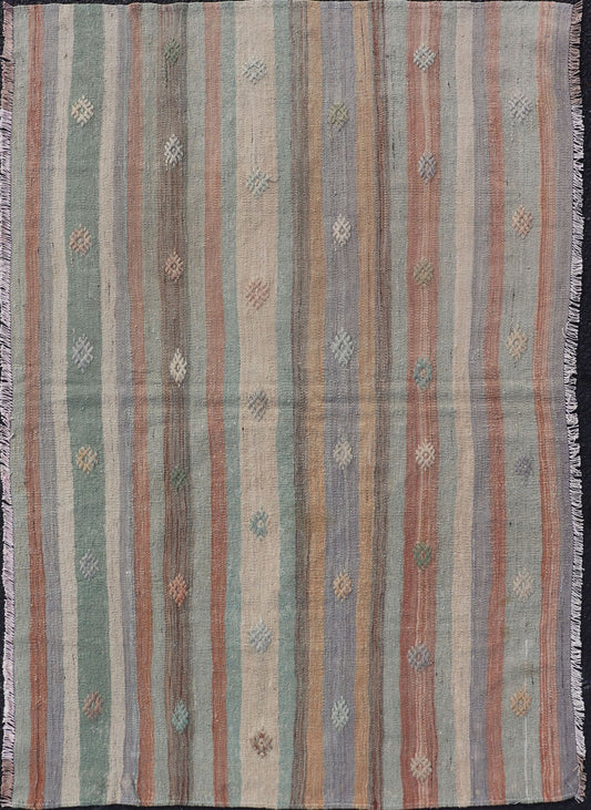 Measures: 3'1 x 4'8 Colorful Vintage Turkish Flat - Weave Kilim Rug with Geometric Striped Design. Keivan Woven Arts / rug TU - NED - 5034, country of origin / type: Turkey / Kilim, circa 1960. Woven during the mid - 20th century in Turkey, this designe... - Keivan Woven ArtsTU - NED - 5034 - 22920