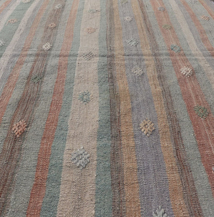 Measures: 3'1 x 4'8 Colorful Vintage Turkish Flat - Weave Kilim Rug with Geometric Striped Design. Keivan Woven Arts / rug TU - NED - 5034, country of origin / type: Turkey / Kilim, circa 1960. Woven during the mid - 20th century in Turkey, this designe... - Keivan Woven ArtsTU - NED - 5034 - 22920Rug