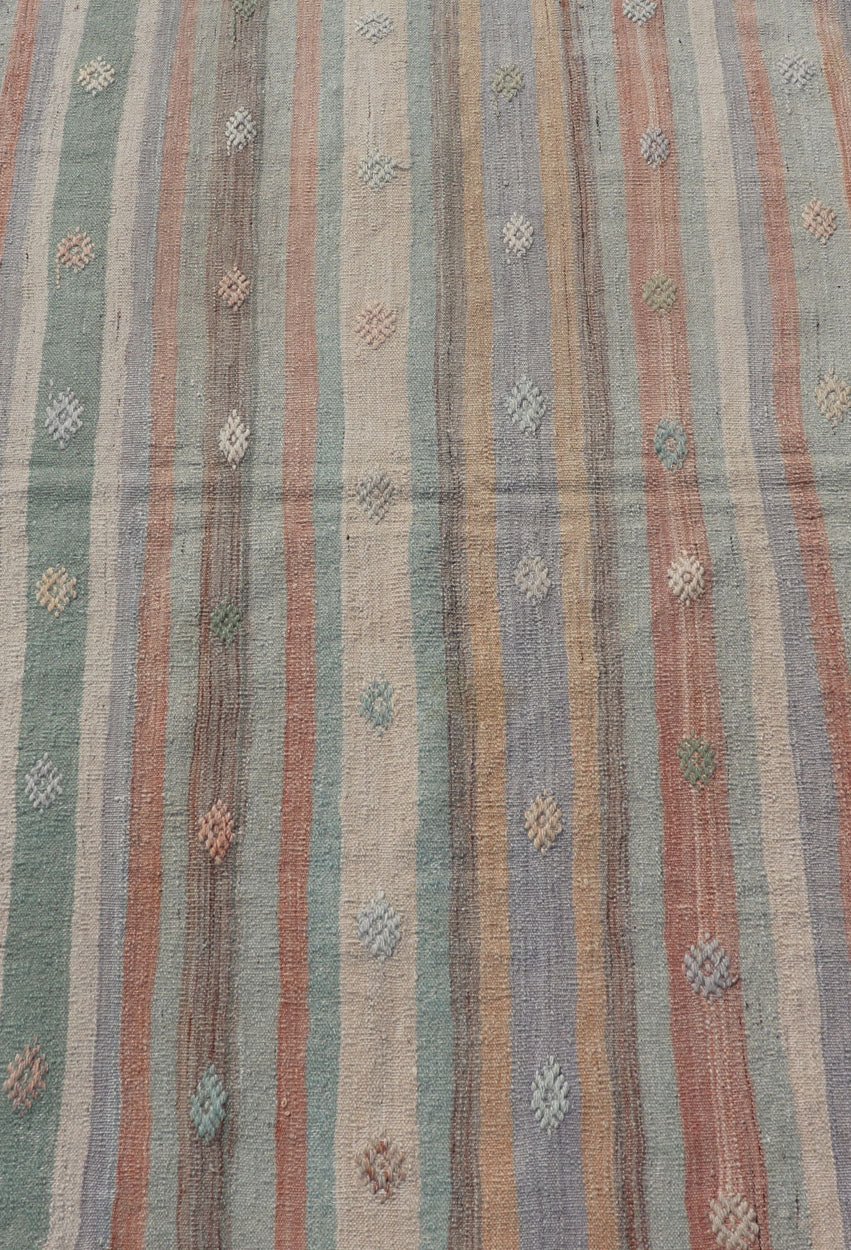 Measures: 3'1 x 4'8 Colorful Vintage Turkish Flat - Weave Kilim Rug with Geometric Striped Design. Keivan Woven Arts / rug TU - NED - 5034, country of origin / type: Turkey / Kilim, circa 1960. Woven during the mid - 20th century in Turkey, this designe... - Keivan Woven ArtsTU - NED - 5034 - 22920Rug