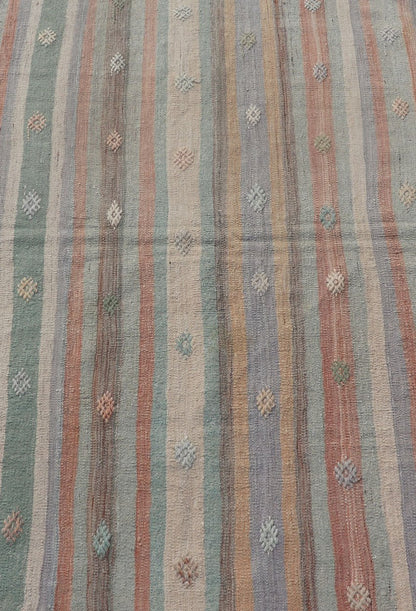 Measures: 3'1 x 4'8 Colorful Vintage Turkish Flat - Weave Kilim Rug with Geometric Striped Design. Keivan Woven Arts / rug TU - NED - 5034, country of origin / type: Turkey / Kilim, circa 1960. Woven during the mid - 20th century in Turkey, this designe... - Keivan Woven ArtsTU - NED - 5034 - 22920Rug