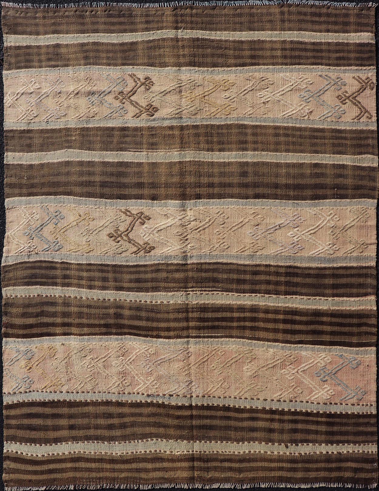 Measures: 4'6 x 6'1 Vintage Turkish Flat - Weave Striped Kilim in Taupe, Brown, and Light Blue. Keivan Woven Arts/ rug TU - NED - 5036, country of origin / type: Turkey / Kilim, circa 1960 This vintage flat - woven Kilim features a Minimalist design... - Keivan Woven ArtsTU - NED - 5036 - 22321Rug