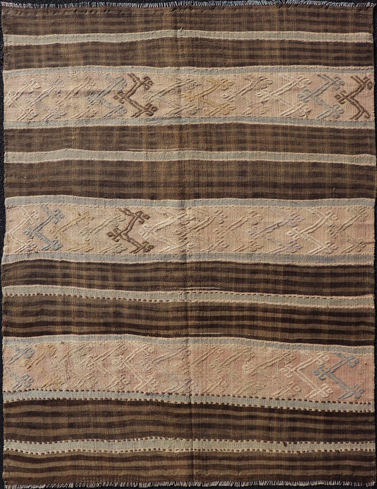 Measures: 4'6 x 6'1 Vintage Turkish Flat - Weave Striped Kilim in Taupe, Brown, and Light Blue. Keivan Woven Arts/ rug TU - NED - 5036, country of origin / type: Turkey / Kilim, circa 1960 This vintage flat - woven Kilim features a Minimalist design... - Keivan Woven ArtsTU - NED - 5036 - 22321Rug