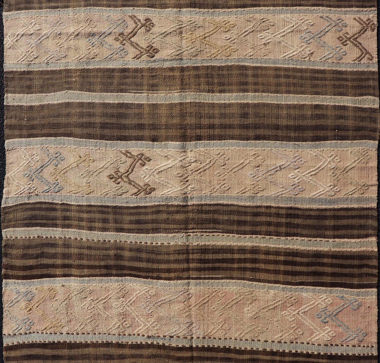 Measures: 4'6 x 6'1 Vintage Turkish Flat - Weave Striped Kilim in Taupe, Brown, and Light Blue. Keivan Woven Arts/ rug TU - NED - 5036, country of origin / type: Turkey / Kilim, circa 1960 This vintage flat - woven Kilim features a Minimalist design... - Keivan Woven ArtsTU - NED - 5036 - 22321Rug