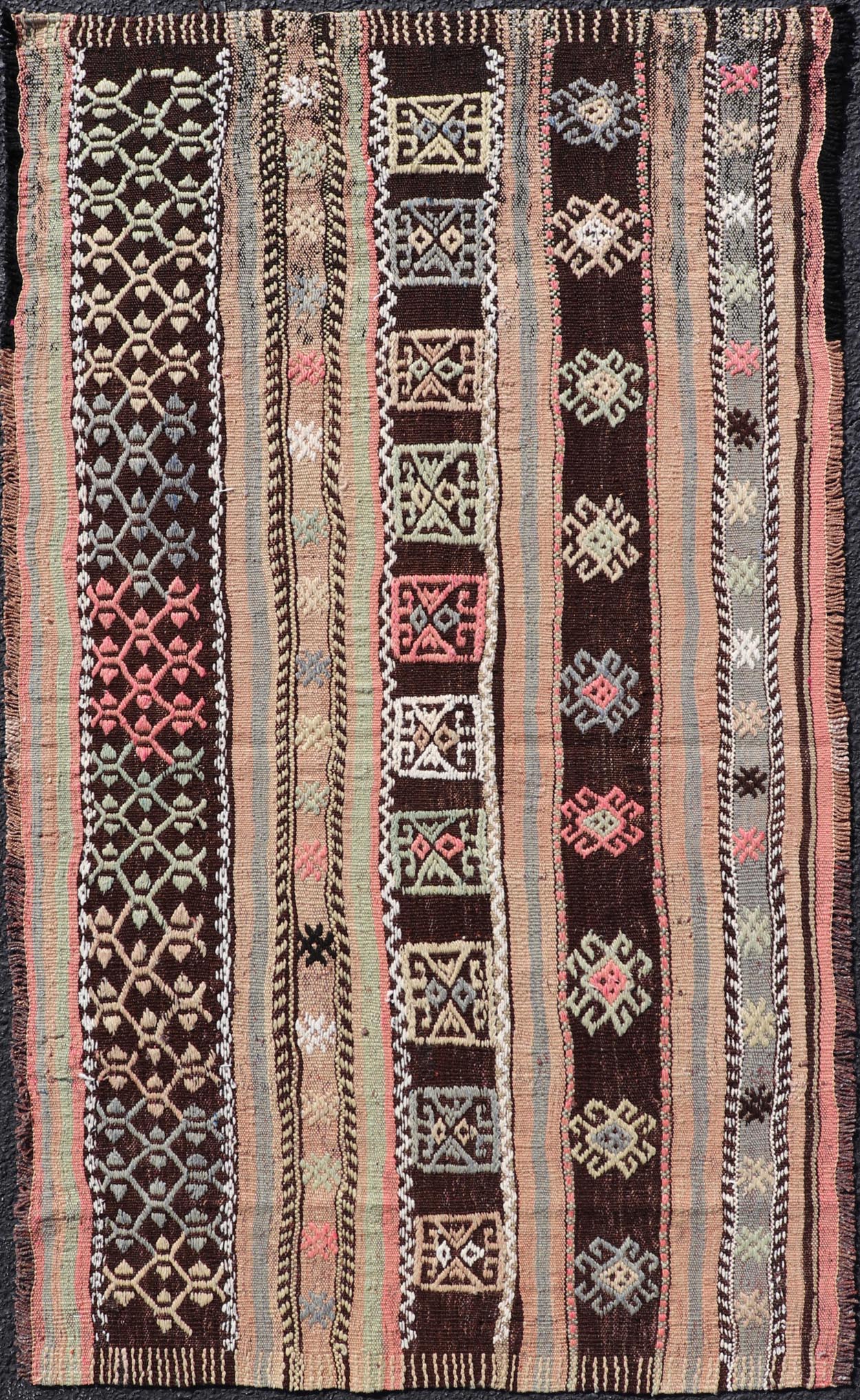 Striped Hand Woven Vintage Turkish small Kilim with Geometric Designs in Dark Brown. Keivan Woven Arts / rug TU - NED - 5037, country of origin / type: Turkey / Kilim, circa mid - 20th Century. Measures: 2'6 x 4'7 This flat - woven Kilim from Tu... - Keivan Woven ArtsTU - NED - 5037 - 22327Rug