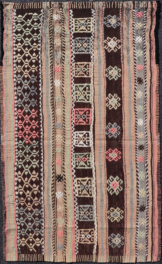 Striped Hand Woven Vintage Turkish small Kilim with Geometric Designs in Dark Brown. Keivan Woven Arts / rug TU - NED - 5037, country of origin / type: Turkey / Kilim, circa mid - 20th Century. Measures: 2'6 x 4'7 This flat - woven Kilim from Tu... - Keivan Woven ArtsTU - NED - 5037 - 22327Rug