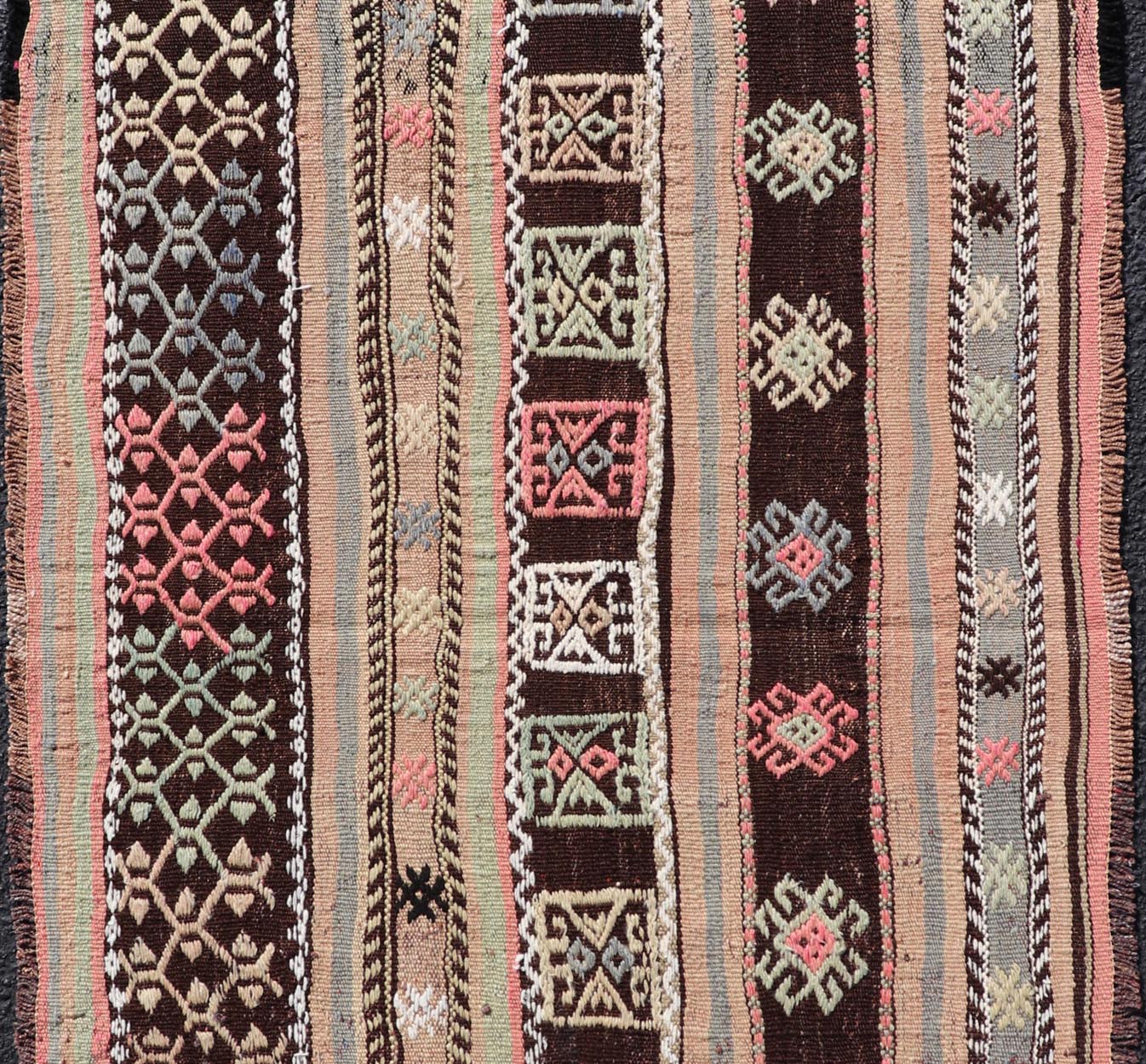 Striped Hand Woven Vintage Turkish small Kilim with Geometric Designs in Dark Brown. Keivan Woven Arts / rug TU - NED - 5037, country of origin / type: Turkey / Kilim, circa mid - 20th Century. Measures: 2'6 x 4'7 This flat - woven Kilim from Tu... - Keivan Woven ArtsTU - NED - 5037 - 22327Rug