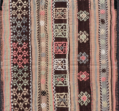 Striped Hand Woven Vintage Turkish small Kilim with Geometric Designs in Dark Brown. Keivan Woven Arts / rug TU - NED - 5037, country of origin / type: Turkey / Kilim, circa mid - 20th Century. Measures: 2'6 x 4'7 This flat - woven Kilim from Tu... - Keivan Woven ArtsTU - NED - 5037 - 22327Rug