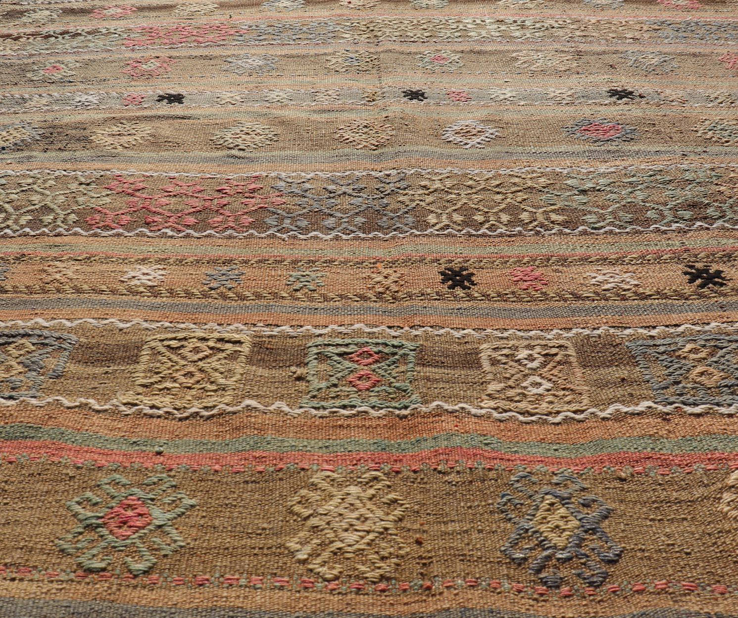 Square Size Turkish Vintage Embroidered Kilim Rug. Square size Turkish Vintage Embroidered Kilim Rug with Tan, Light gray, Light Blue, Light Green, Black, Brown and Pink. Keivan Woven Arts / rug TU - NED - 5038, country of origin / type: Turkey / Kilim, ci... - Keivan Woven ArtsTU - NED - 5038 - 22333Rug