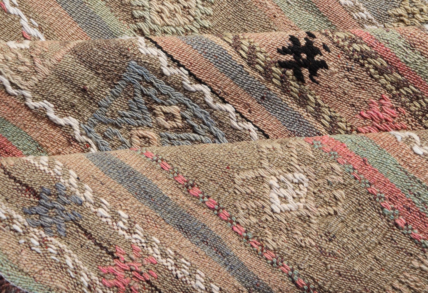 Square Size Turkish Vintage Embroidered Kilim Rug. Square size Turkish Vintage Embroidered Kilim Rug with Tan, Light gray, Light Blue, Light Green, Black, Brown and Pink. Keivan Woven Arts / rug TU - NED - 5038, country of origin / type: Turkey / Kilim, ci... - Keivan Woven ArtsTU - NED - 5038 - 22333Rug