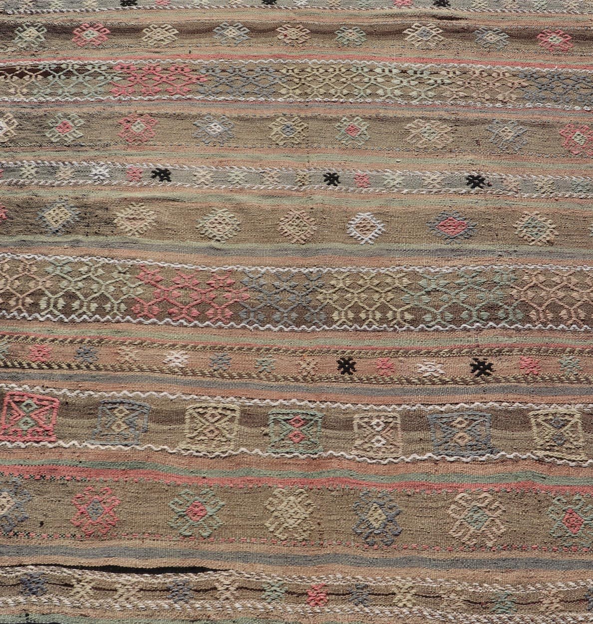 Square Size Turkish Vintage Embroidered Kilim Rug. Square size Turkish Vintage Embroidered Kilim Rug with Tan, Light gray, Light Blue, Light Green, Black, Brown and Pink. Keivan Woven Arts / rug TU - NED - 5038, country of origin / type: Turkey / Kilim, ci... - Keivan Woven ArtsTU - NED - 5038 - 22333Rug