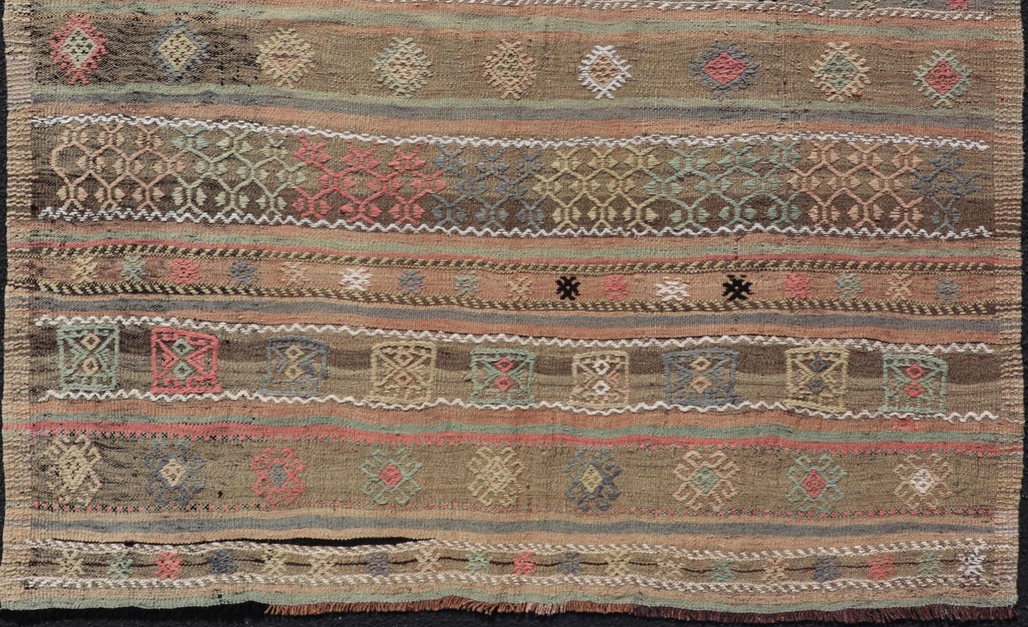Square Size Turkish Vintage Embroidered Kilim Rug. Square size Turkish Vintage Embroidered Kilim Rug with Tan, Light gray, Light Blue, Light Green, Black, Brown and Pink. Keivan Woven Arts / rug TU - NED - 5038, country of origin / type: Turkey / Kilim, ci... - Keivan Woven ArtsTU - NED - 5038 - 22333Rug