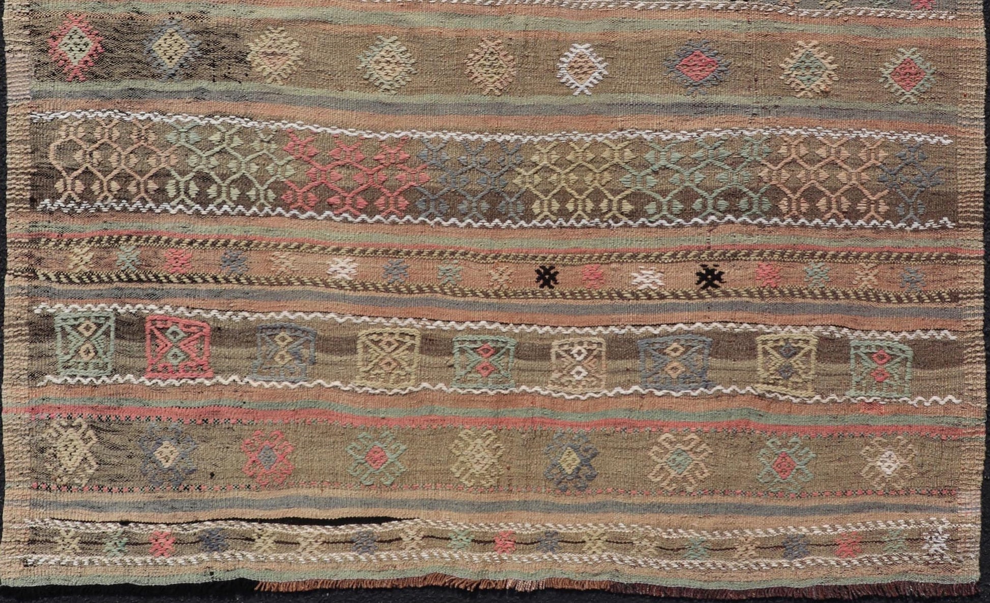 Square Size Turkish Vintage Embroidered Kilim Rug. Square size Turkish Vintage Embroidered Kilim Rug with Tan, Light gray, Light Blue, Light Green, Black, Brown and Pink. Keivan Woven Arts / rug TU - NED - 5038, country of origin / type: Turkey / Kilim, ci... - Keivan Woven ArtsTU - NED - 5038 - 22333Rug