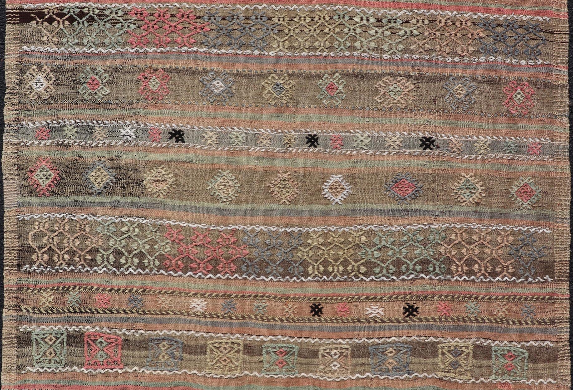 Square Size Turkish Vintage Embroidered Kilim Rug. Square size Turkish Vintage Embroidered Kilim Rug with Tan, Light gray, Light Blue, Light Green, Black, Brown and Pink. Keivan Woven Arts / rug TU - NED - 5038, country of origin / type: Turkey / Kilim, ci... - Keivan Woven ArtsTU - NED - 5038 - 22333Rug