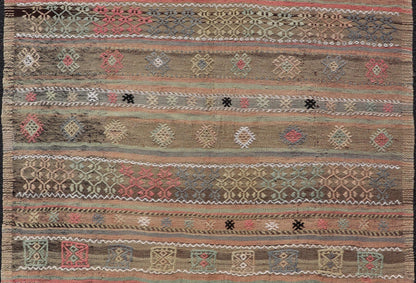 Square Size Turkish Vintage Embroidered Kilim Rug. Square size Turkish Vintage Embroidered Kilim Rug with Tan, Light gray, Light Blue, Light Green, Black, Brown and Pink. Keivan Woven Arts / rug TU - NED - 5038, country of origin / type: Turkey / Kilim, ci... - Keivan Woven ArtsTU - NED - 5038 - 22333Rug