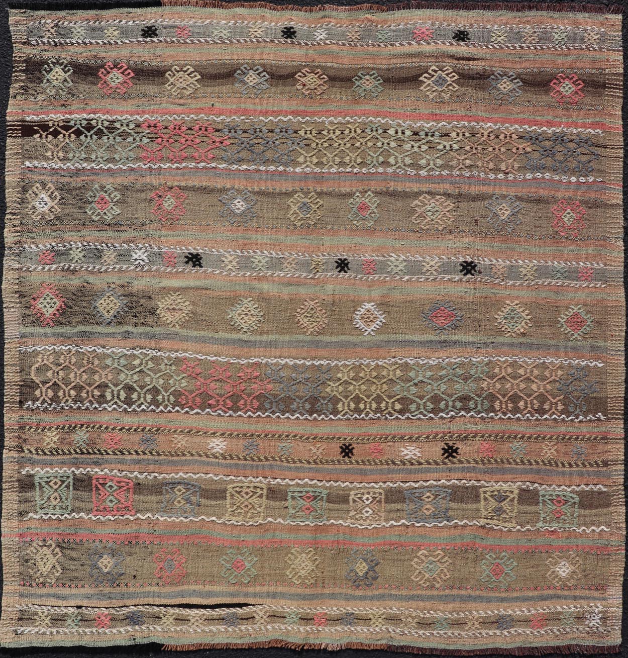 Square Size Turkish Vintage Embroidered Kilim Rug. Square size Turkish Vintage Embroidered Kilim Rug with Tan, Light gray, Light Blue, Light Green, Black, Brown and Pink. Keivan Woven Arts / rug TU - NED - 5038, country of origin / type: Turkey / Kilim, ci... - Keivan Woven ArtsTU - NED - 5038 - 22333Rug