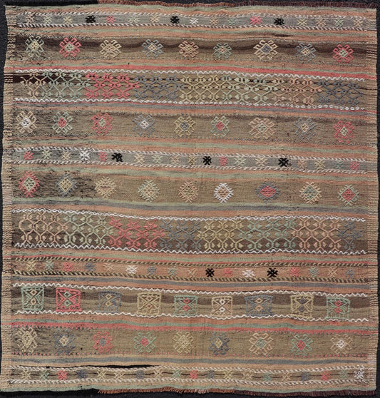 Square Size Turkish Vintage Embroidered Kilim Rug. Square size Turkish Vintage Embroidered Kilim Rug with Tan, Light gray, Light Blue, Light Green, Black, Brown and Pink. Keivan Woven Arts / rug TU - NED - 5038, country of origin / type: Turkey / Kilim, ci... - Keivan Woven ArtsTU - NED - 5038 - 22333Rug