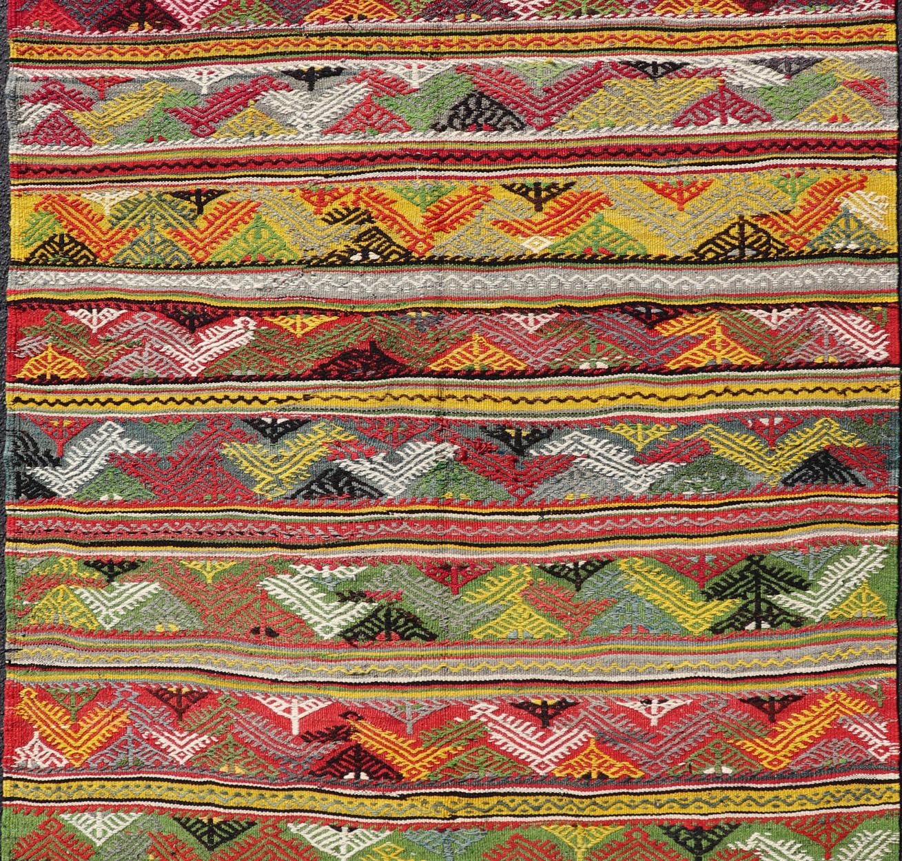 Vintage Turkish Hand Woven Embroidery With Bright & Colorful Tribal Motif Design. Vintage Turkish Hand Woven Kilim With Colorful All - Over Tribal Motif Design. Keivan Woven Arts / rug TU - NED - 5040, country of origin / type: Turkey / Kilim, circa 1... - Keivan Woven ArtsTU - NED - 5040 - 22339Rug