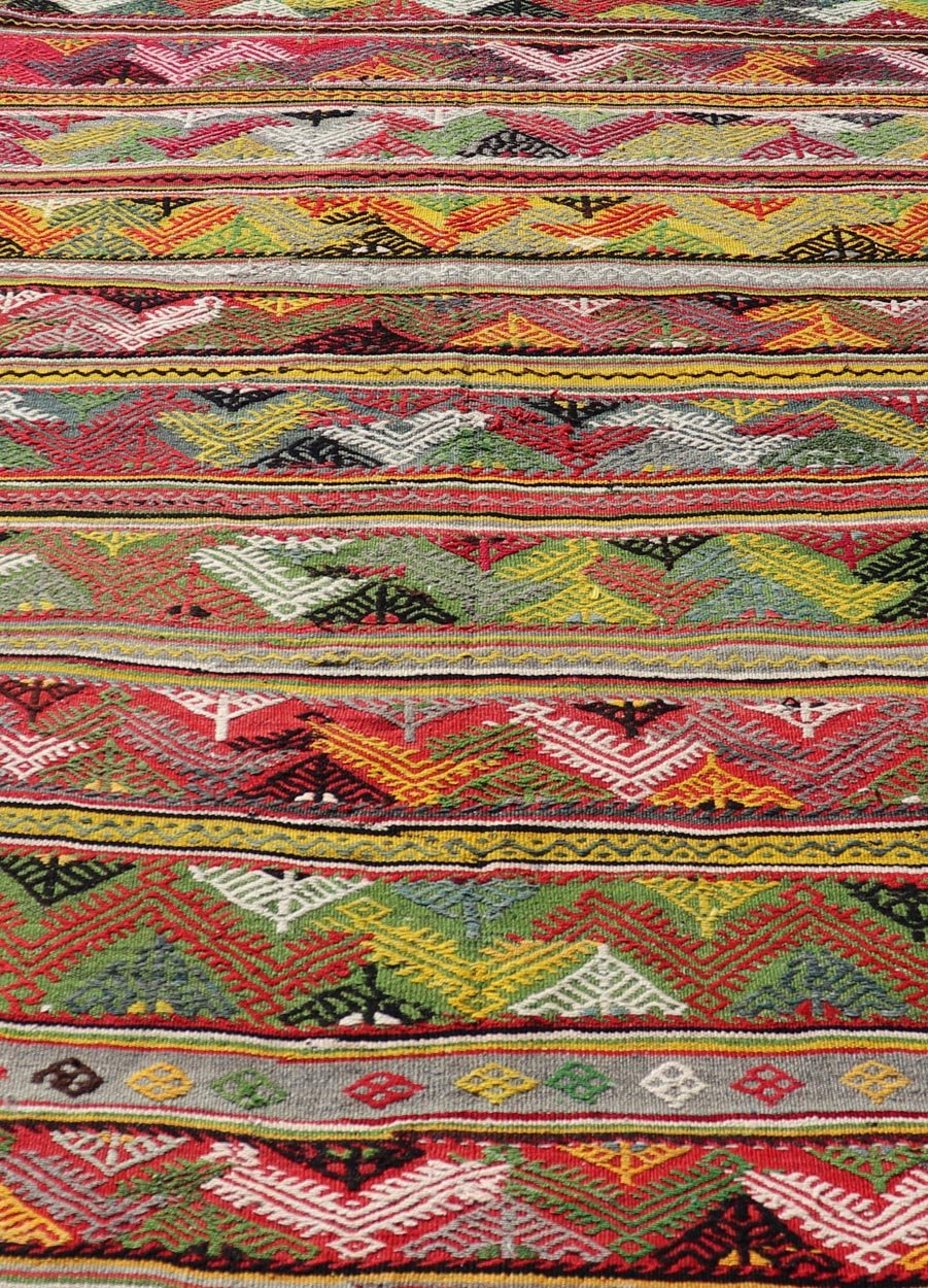 Vintage Turkish Hand Woven Embroidery With Bright & Colorful Tribal Motif Design. Vintage Turkish Hand Woven Kilim With Colorful All - Over Tribal Motif Design. Keivan Woven Arts / rug TU - NED - 5040, country of origin / type: Turkey / Kilim, circa 1... - Keivan Woven ArtsTU - NED - 5040 - 22339Rug