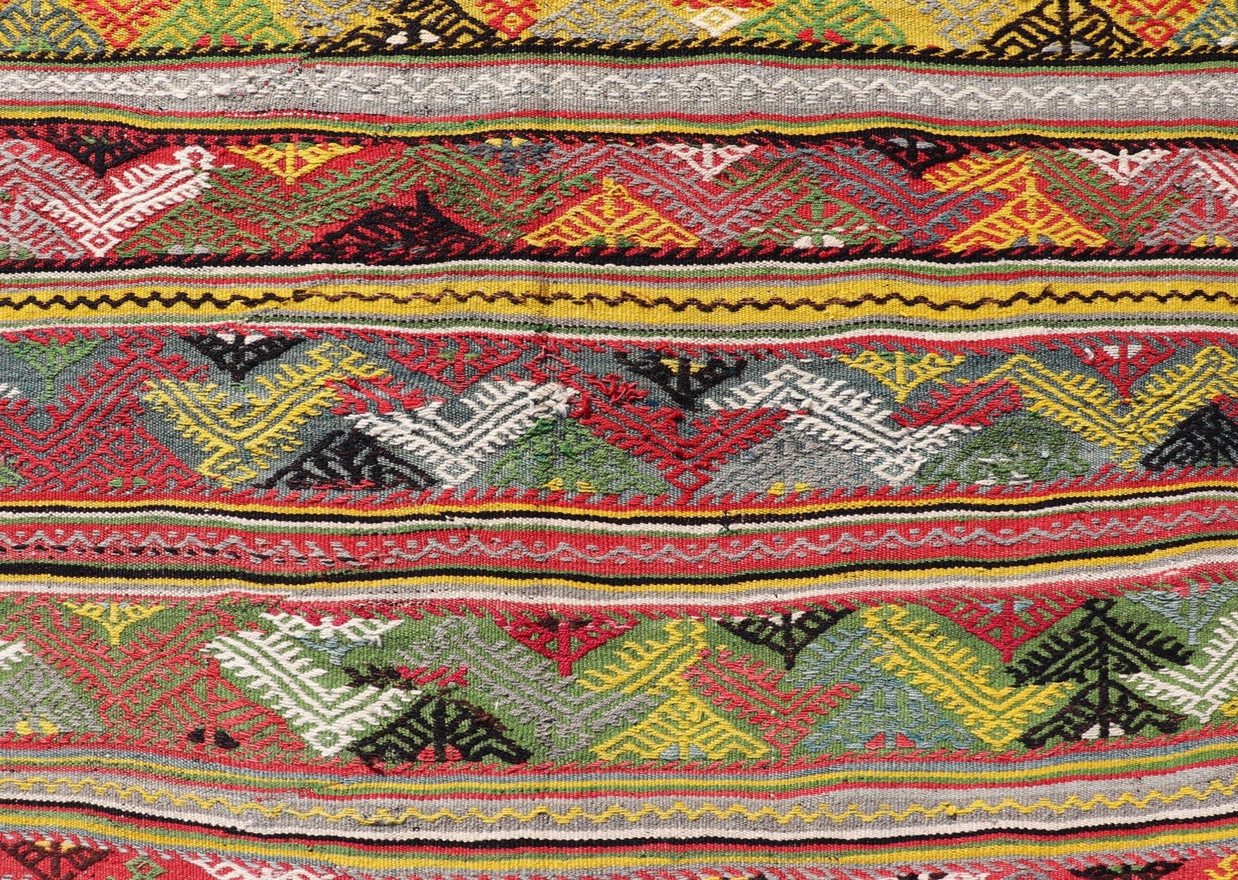 Vintage Turkish Hand Woven Embroidery With Bright & Colorful Tribal Motif Design. Vintage Turkish Hand Woven Kilim With Colorful All - Over Tribal Motif Design. Keivan Woven Arts / rug TU - NED - 5040, country of origin / type: Turkey / Kilim, circa 1... - Keivan Woven ArtsTU - NED - 5040 - 22339Rug