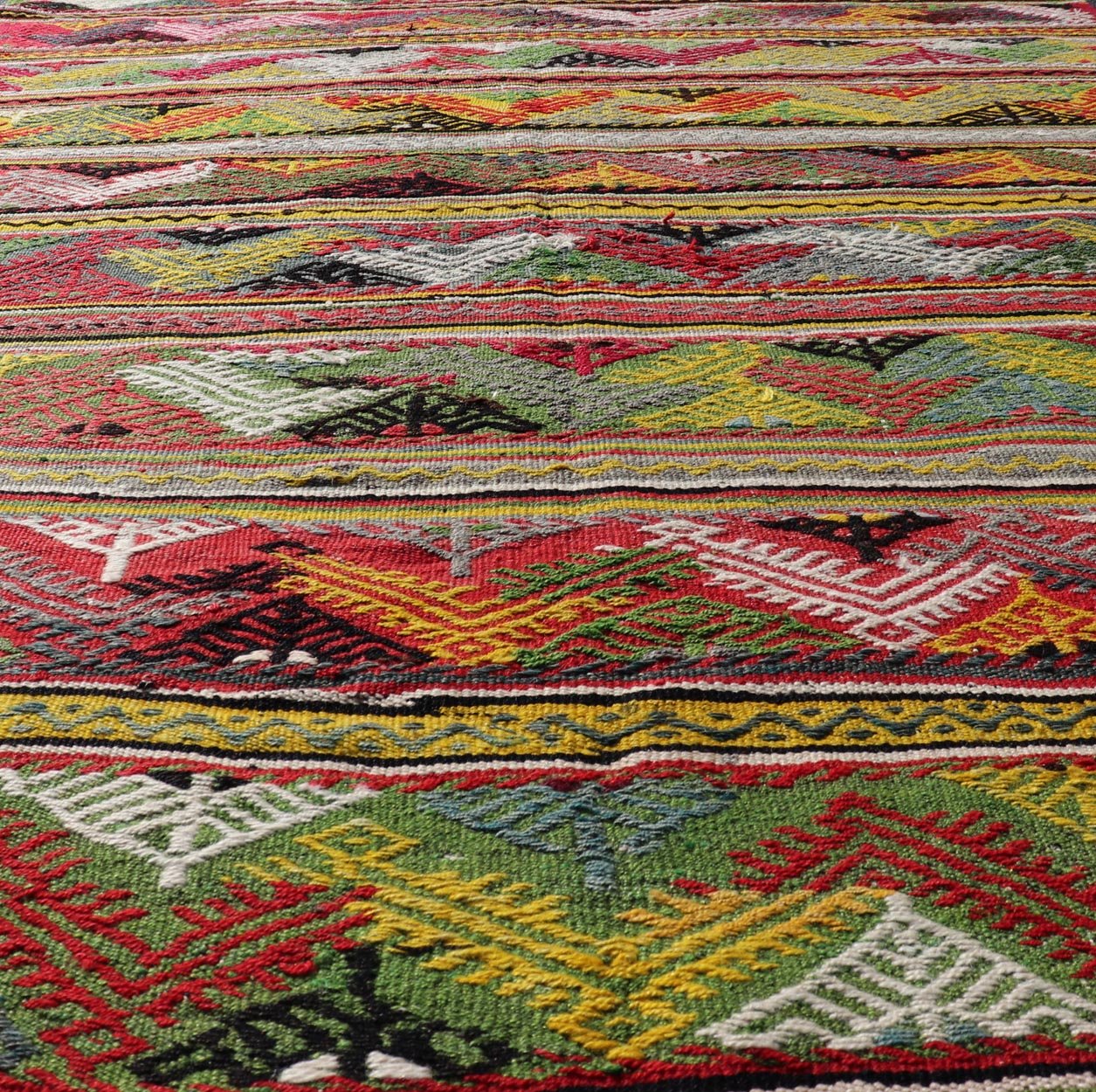Vintage Turkish Hand Woven Embroidery With Bright & Colorful Tribal Motif Design. Vintage Turkish Hand Woven Kilim With Colorful All - Over Tribal Motif Design. Keivan Woven Arts / rug TU - NED - 5040, country of origin / type: Turkey / Kilim, circa 1... - Keivan Woven ArtsTU - NED - 5040 - 22339Rug